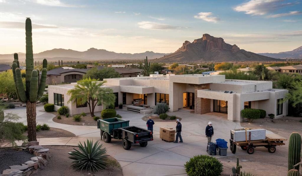 A moving crew unloads boxes and furniture outside a modern desert home with mountains and cactus plants in the background at sunset.