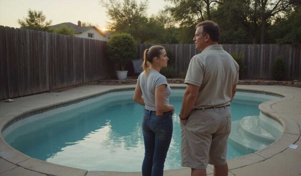 A man and a woman stand by a backyard swimming pool at sunset, facing each other and surrounded by a wooden fence and trees.