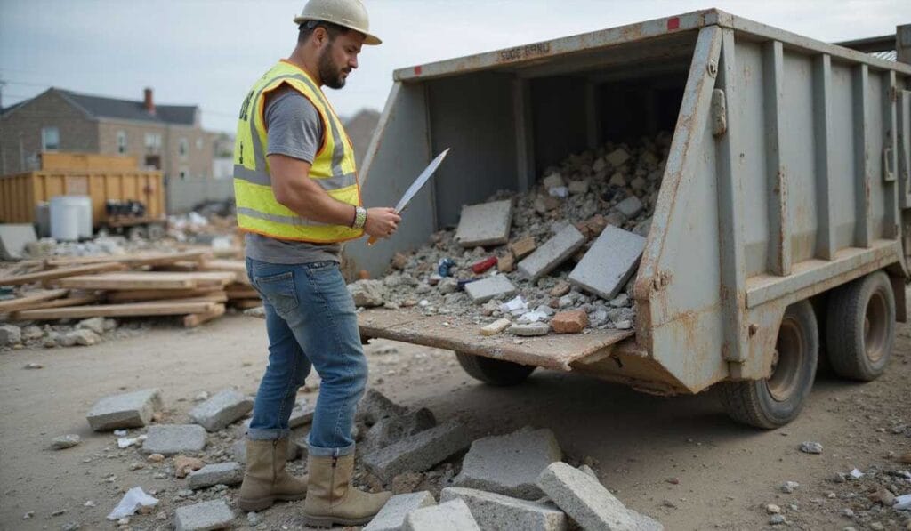 A construction worker in a safety vest and helmet stands by a trailer filled with rubble, inspecting debris with a clipboard at a demolition site.