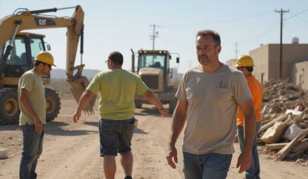 Four men, two wearing yellow hard hats, are on a dusty construction site with heavy machinery and piles of debris visible in the background.