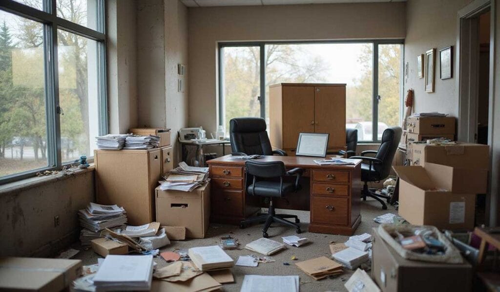A cluttered office with stacks of papers, cardboard boxes, and scattered documents on the floor and desk. A computer is on the desk, and large windows show trees outside.