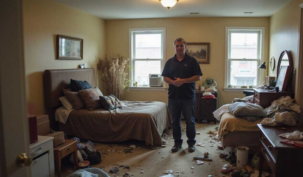A man stands in a messy bedroom with clutter on the floor between two beds, under natural light from two windows.