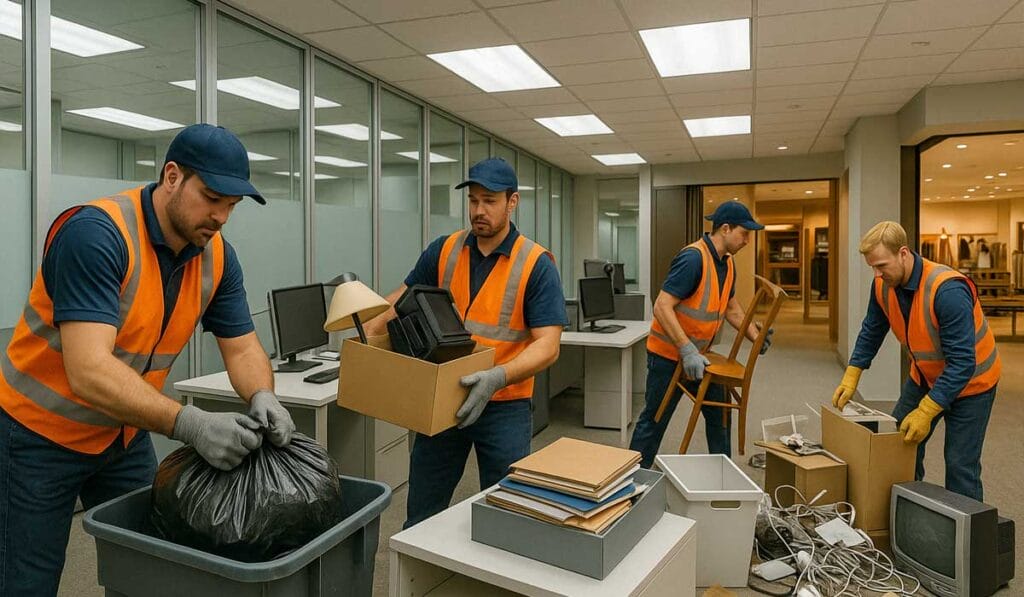 Four workers in orange safety vests are packing computers, electronics, and office supplies in an office space, preparing for a move or cleanup.