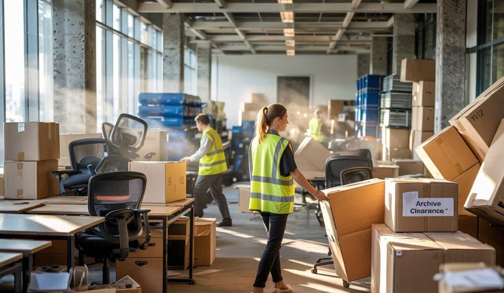 Workers in safety vests move boxes and office chairs in a brightly lit office space filled with packed items labeled for archive clearance.